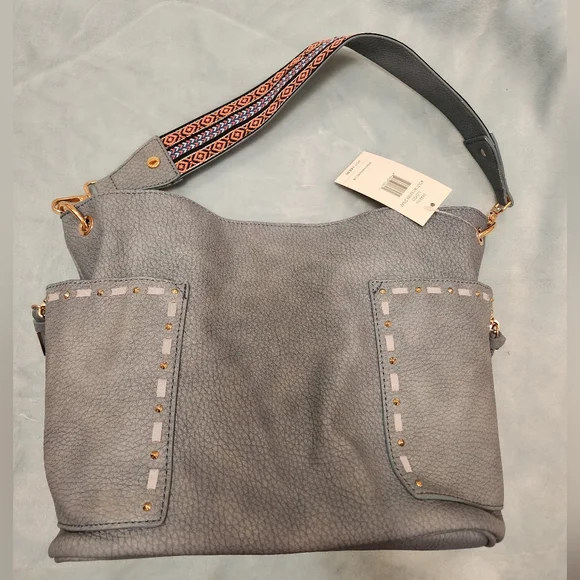 Steve Madden Handbag with Embroidered Guitar Strap Purse Bag New Blue Leather - Picture 7 of 17